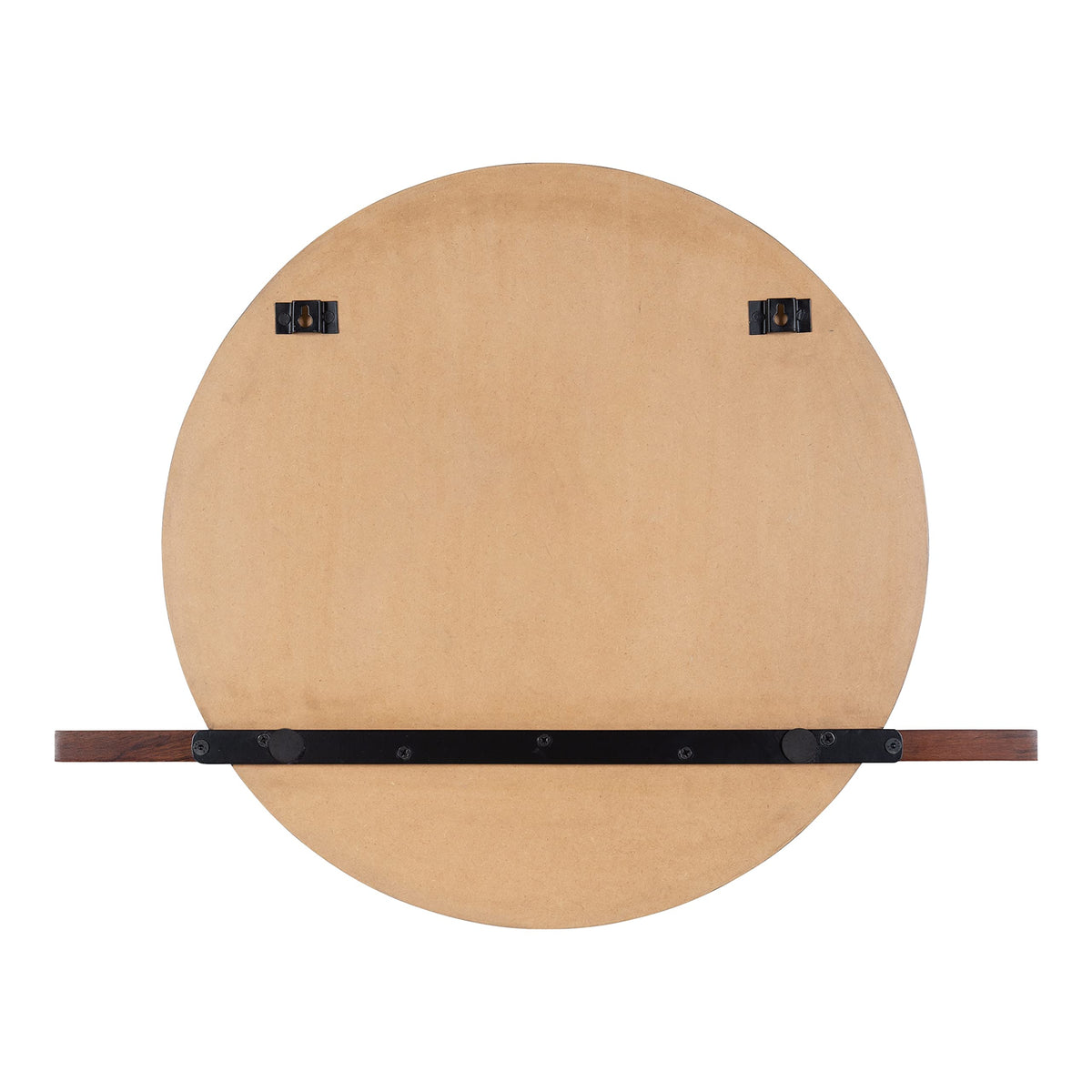 Fossett Frameless Round Wall Mirror, 24 Inch Diameter, Walnut Brown, Decorative Functional Mirror with Shelf