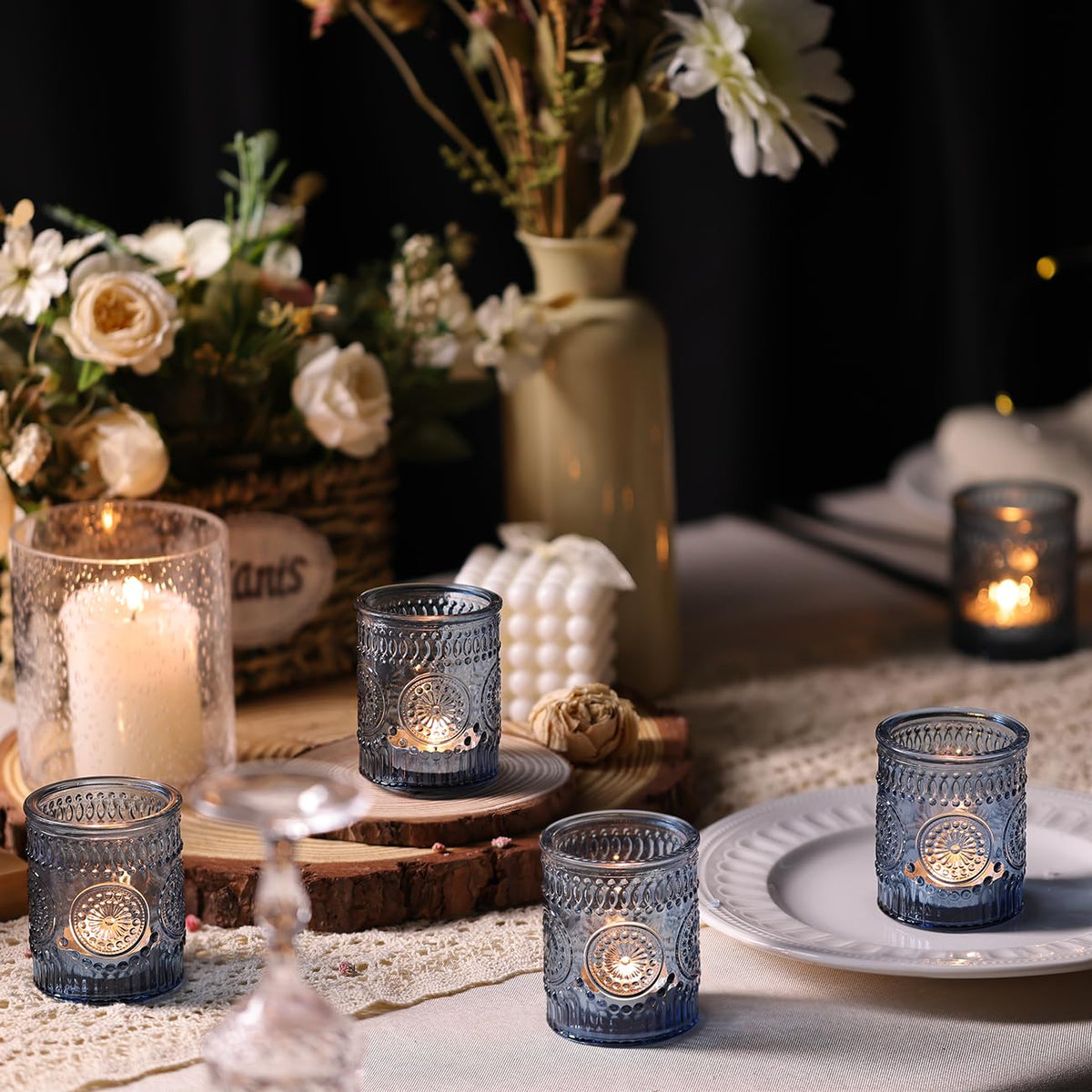 Blue Votive Candle Holders Set of 36 - Votive Candle Holders Bulk, Glass Candle Holder for Party Decoration, Tea