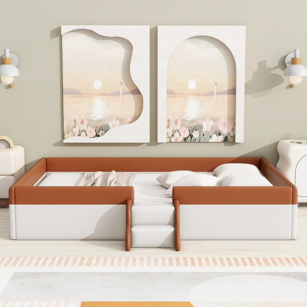 Queen Size Upholstered Kids Daybed Frame with Fence and Stairs, Wood Bed , Floor Bed, White+Brown