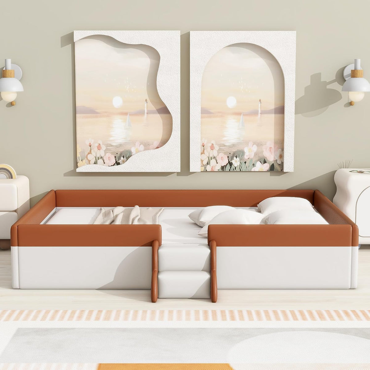 Queen Size Upholstered Kids Daybed Frame with Fence and Stairs, Wood Bed , Floor Bed, White+Brown