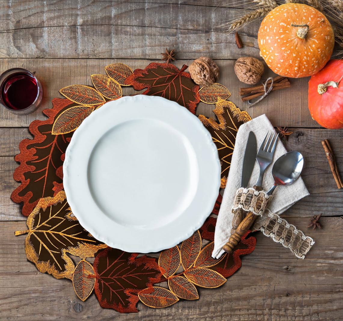 Embroidered Fall Placemats Set of 4, 15 in, Thanksgiving Round Table Mats