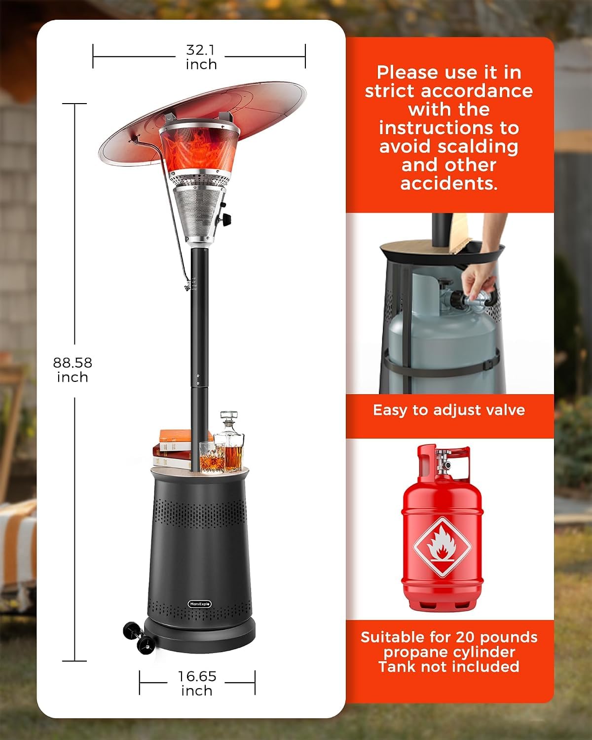 50, 000 BTU With Adjustable Heat Focusing Top, Portable Propane Patio Heater with Wheels & Sandbox, Stainless Steel
