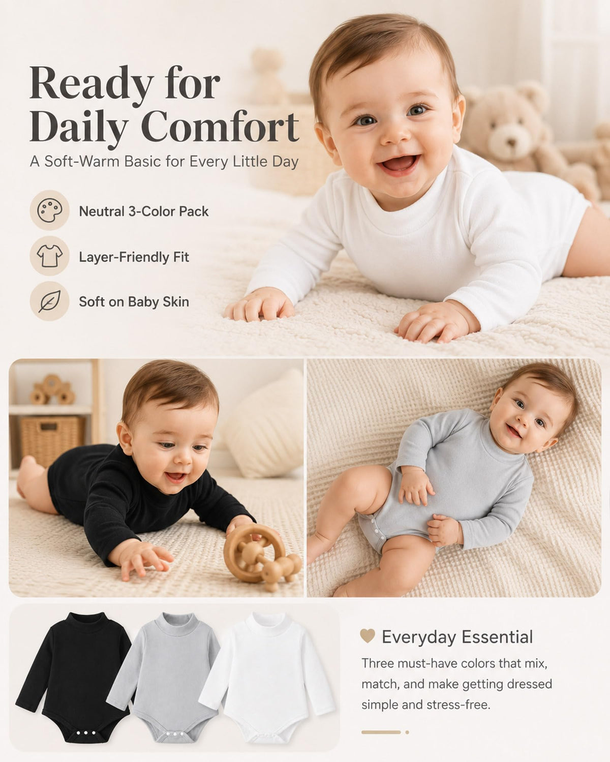3 Pack Baby Turtleneck Bodysuit Long Sleeve Boy Girl Baby Solid Onsies Unisex Jumpsuit Newborn Essentials Clothes