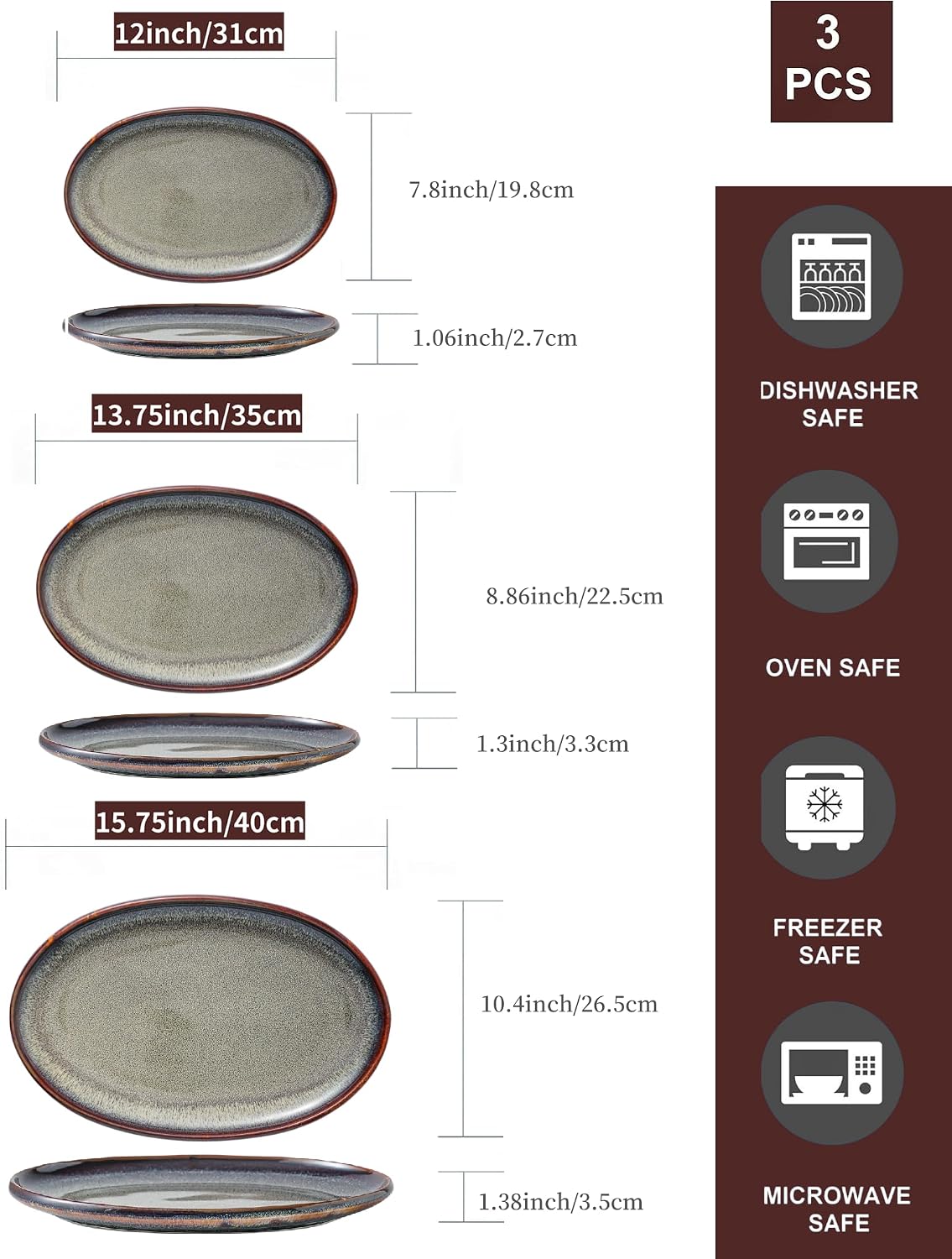 Ceramic Large Serving Platters- Set of 3 Oval Platters for Entertaining. Modern Kitchen Dishes for Dinner, Fruit