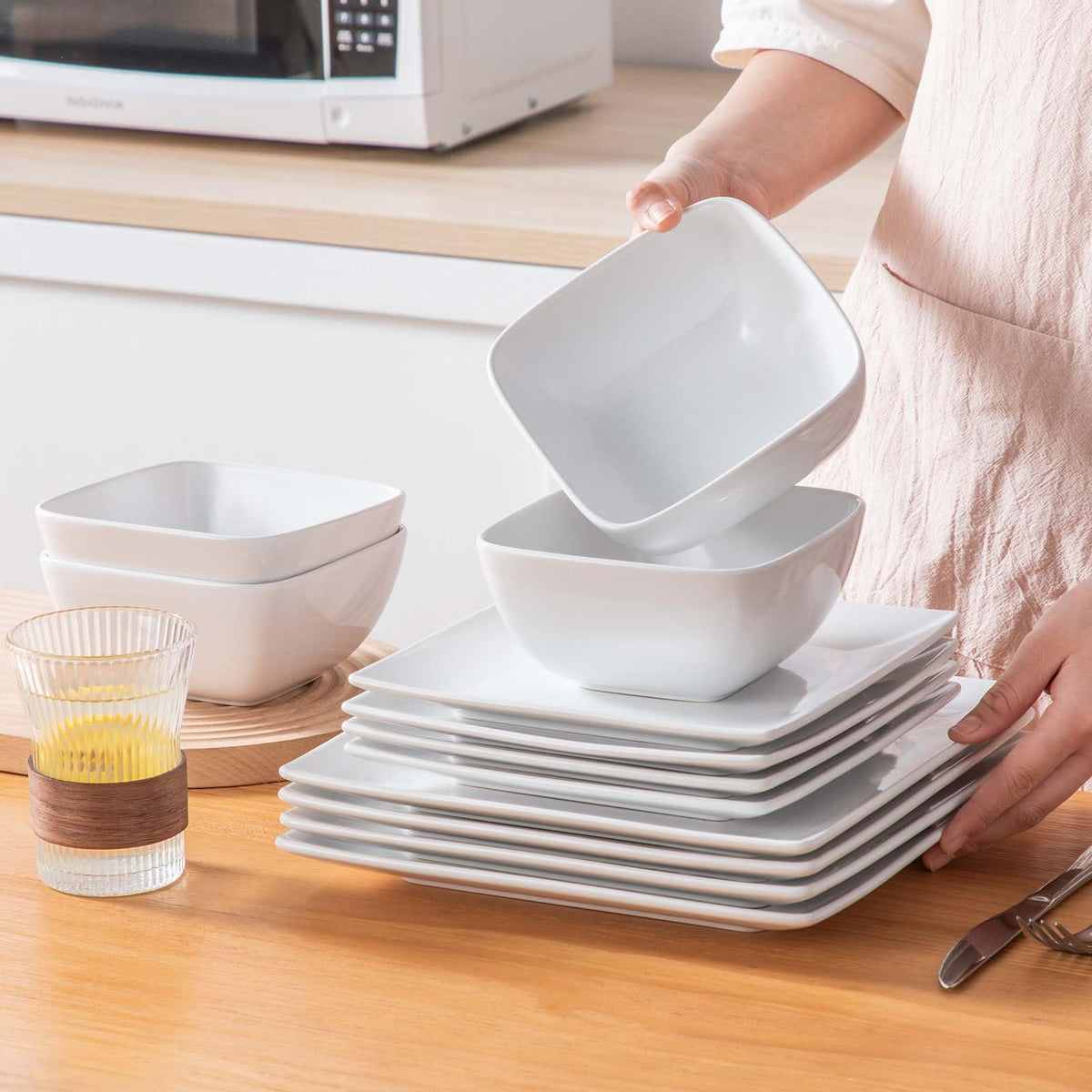 Soho Dinnerware Sets 12 Pieces, White Stoneware Square Place Setting, Dinner Plate, Dessert Plate, Bowls Service for 4