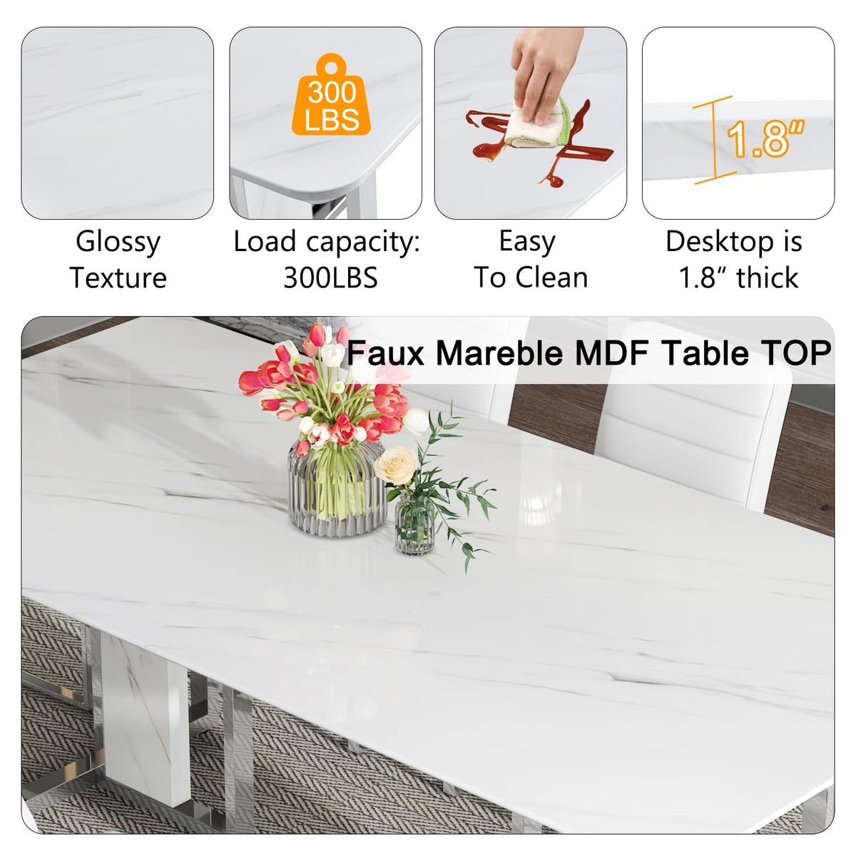 79 Inch Modern Dining Table Set for 8, White Luxury Kitchen Set with 1.8-inch Faux Marble Table Top & 8 PU Leather