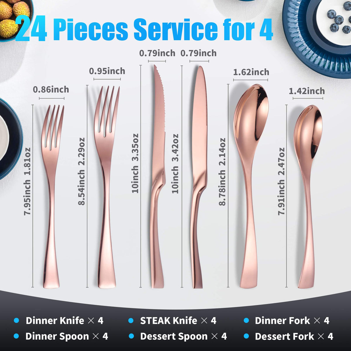 24-Pieces Rose gold Silverware Set with Steak Knives,Heavy Duty 18/10 Stainless Steel Flatware Set for 4,Modern