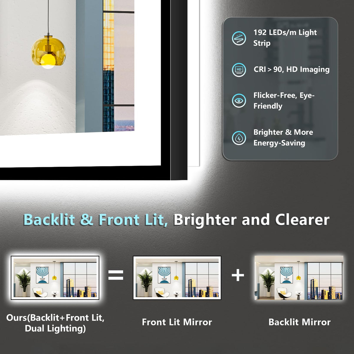 72x40 Black LED Bathroom Mirror, Backlit & Front Lit Lighted Mirror