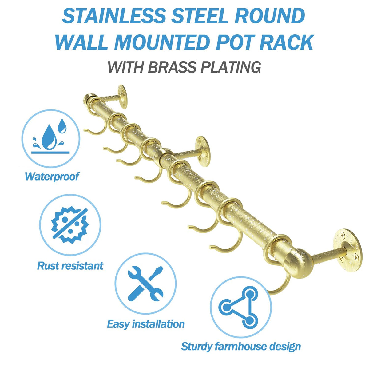 Stainless Steel Pot and Pan Hanger - 39.4 Inch Wall Mounted Hanging Pots and Pans Rack Wall Rail with Hooks (Brass)