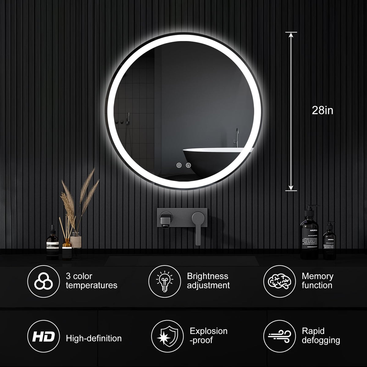 28 Inch Round LED Bathroom Mirror with Lights, Circle Vanity Mirror