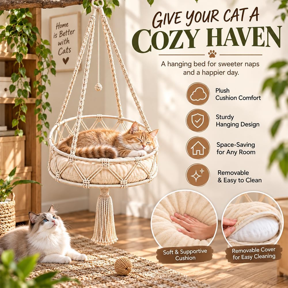 Boho Hanging Cat Bed, Macrame Cat Hammock Basket with Cushion Hook.