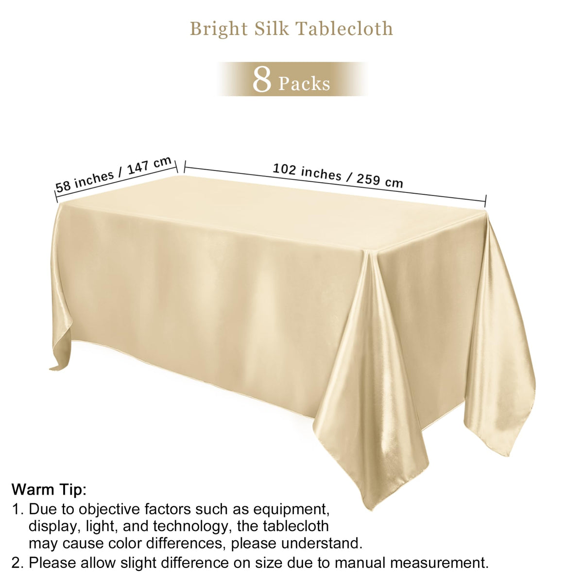 8 Pack Champagne Satin Tablecloth 102 x 58'' Overlay Table Cover
