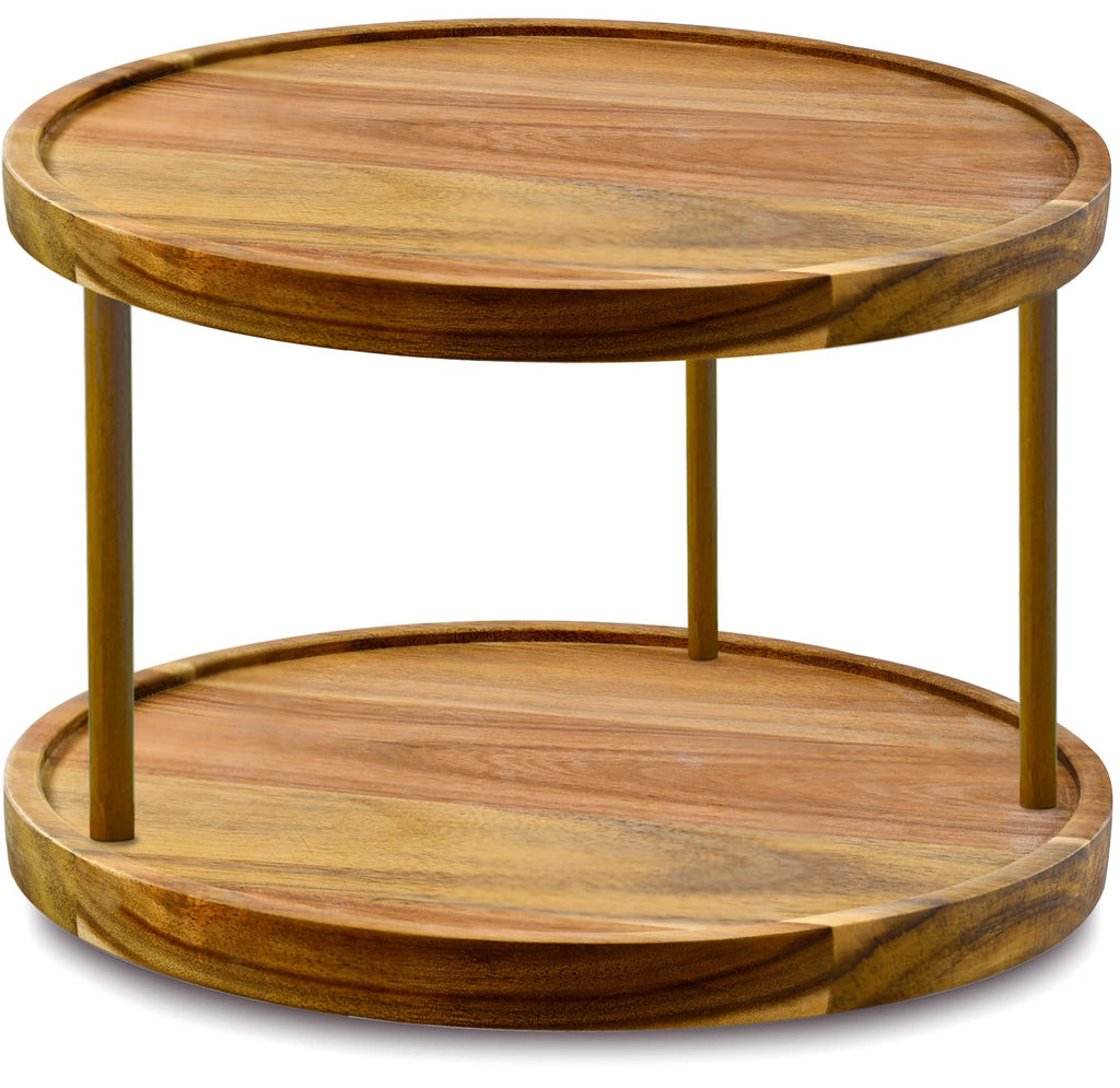 10" Two-Tier Acacia Wood Lazy Susan Organizer Kitchen Turntable for Cabinet Pantry Table Organization
