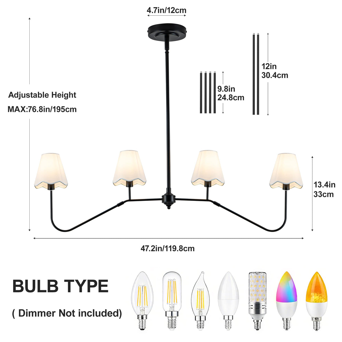 47" Modern Linear Dining Room Light Fixture,4-Light Black Chandelier