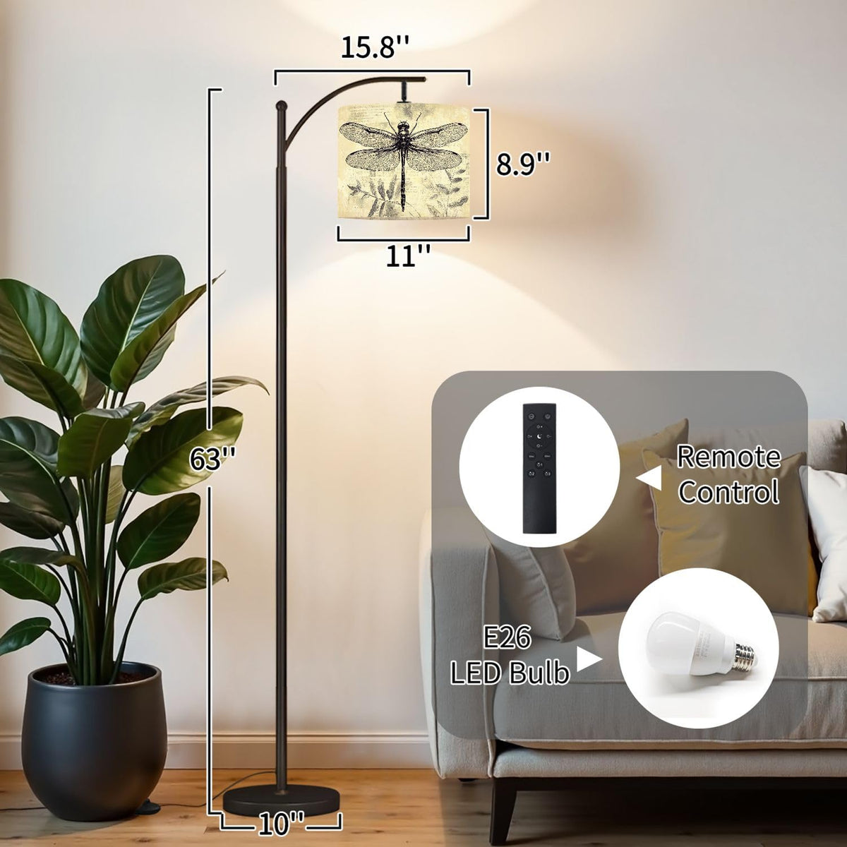 Inspired Arco Style Arc Floor Lamp Vintage Dragonfly Botanical Retro Fern Leaves Textured Intricate Wing Dimmable Modern Standing Lamp
