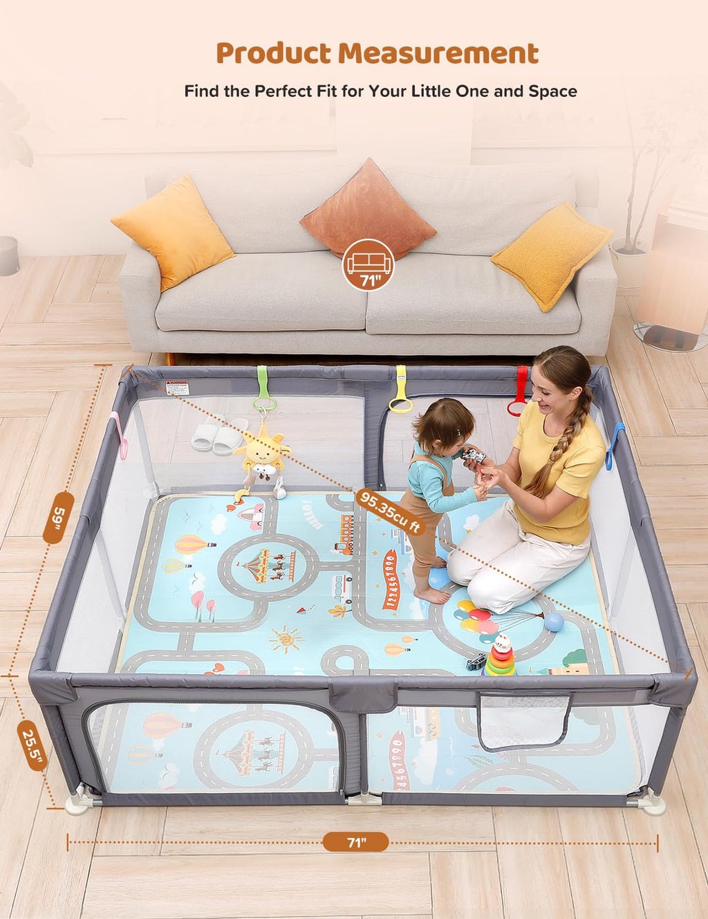 Baby Playpen, 71"x59" Play Pen for Babies, Grey