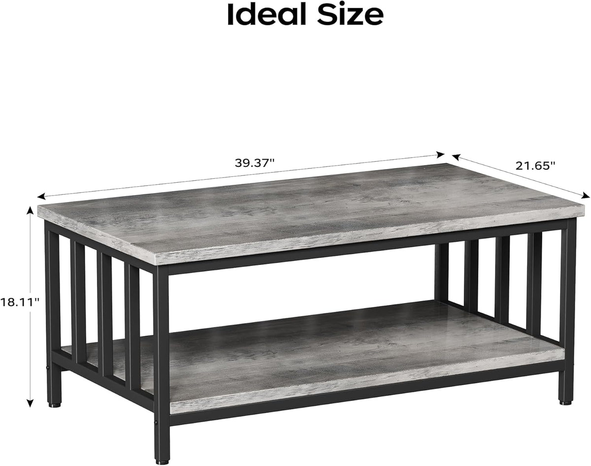 Coffee Table with Slatted Sides Frame, Modern Farmhouse Living Room Table with 2-Tier Storage Shelf, 39 ...