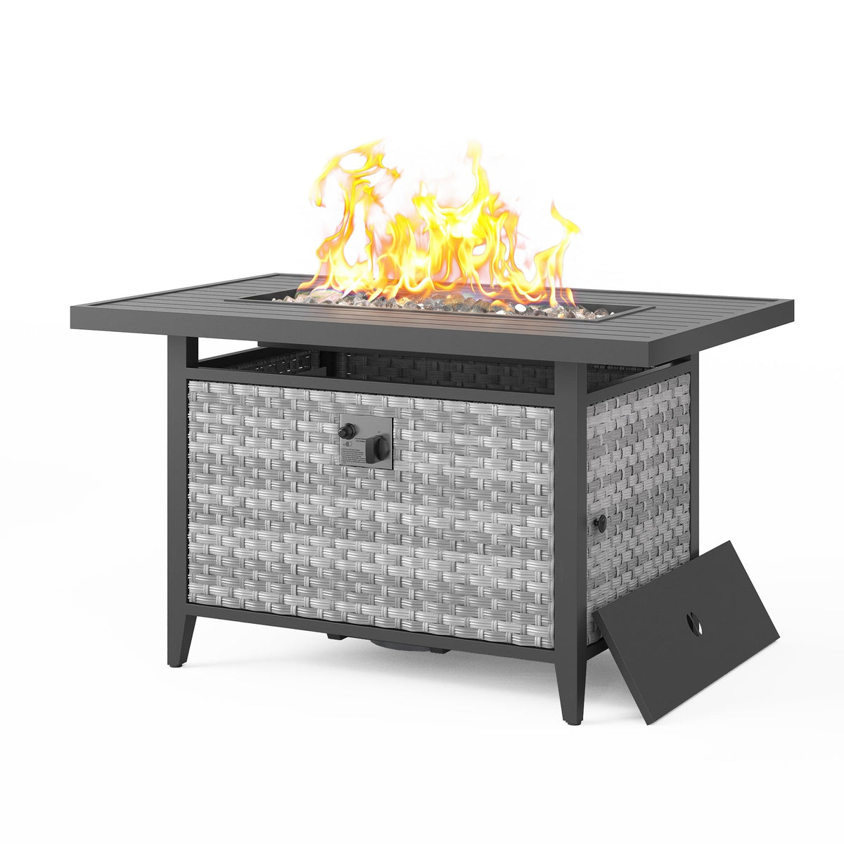 43 in Wicker Propane Fire Pit Table with Lid, 55, 000 BTU