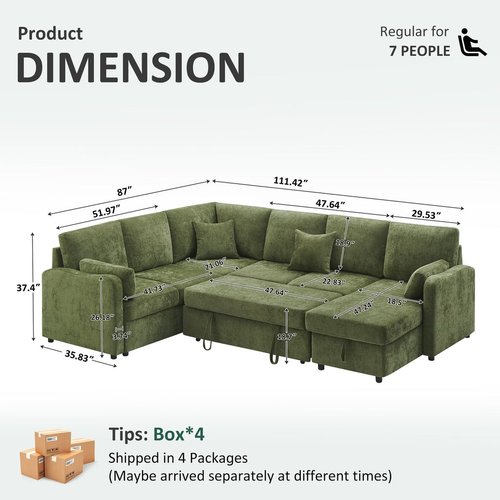 7 Seater 112'' Sectional Sleeper Sofa with Storage, Chenille Olive