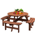 Outdoor Picnic Table for 8 Person, Wooden Picnic Tables with 4 Built-in Benches and Umbrella Hole Outside Table and