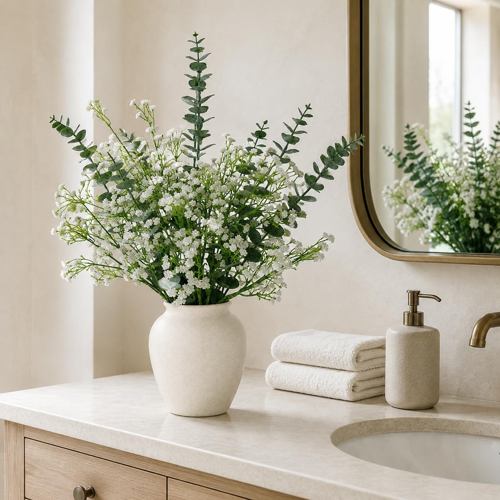 White Babys Breath Artificial Flowers with Fake Eucalyptus Leaves, 18Pcs
