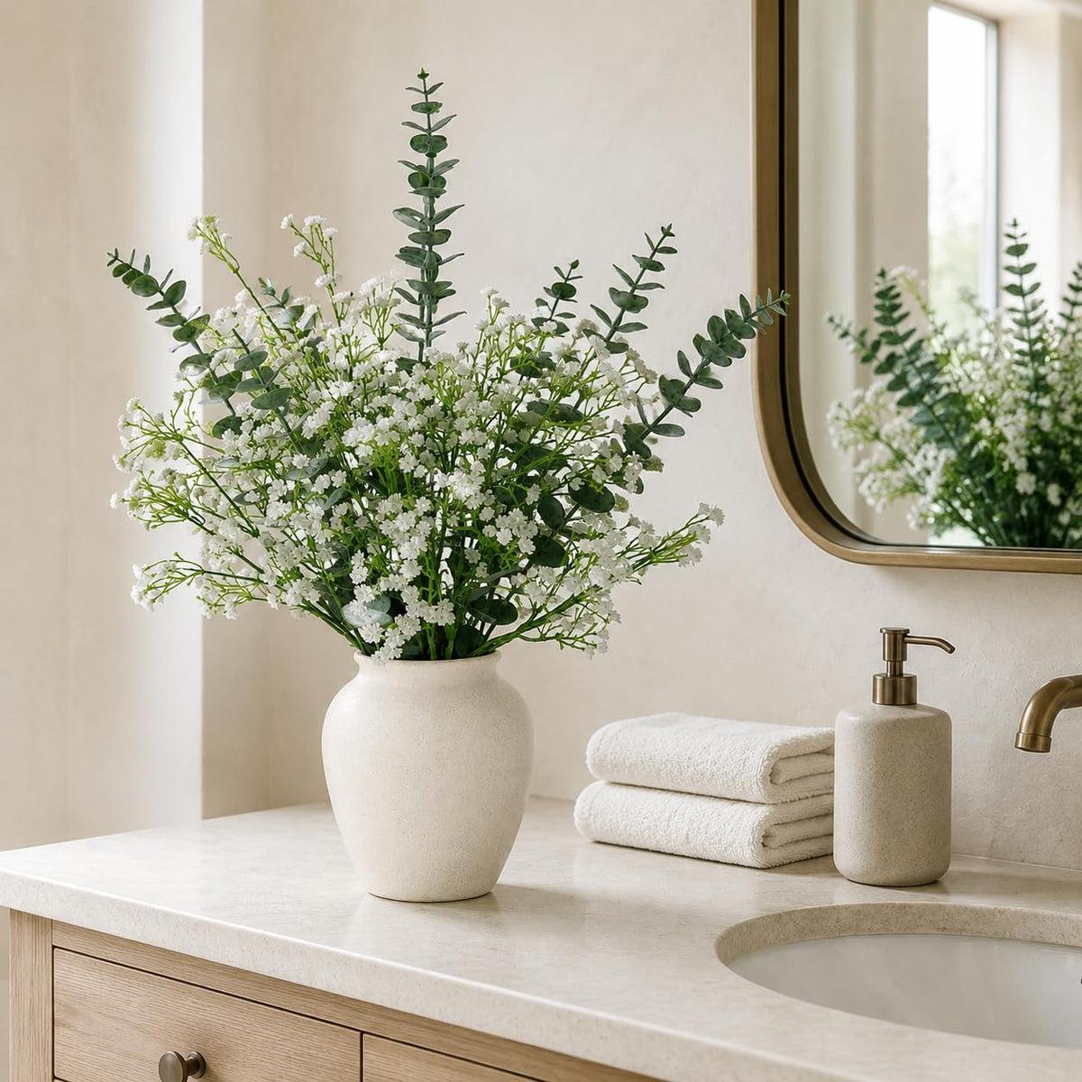 White Babys Breath Artificial Flowers with Fake Eucalyptus Leaves, 18Pcs