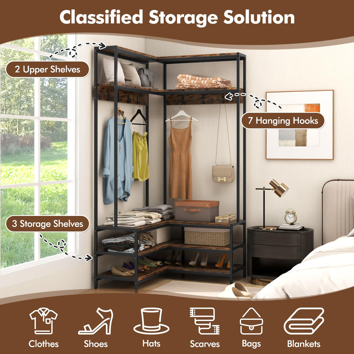 Corner Hall Tree, 70 Inch Coat Rack with Bench and Shoe Storage, Entryway Furniture with 7 Hooks, Heavy Duty Metal
