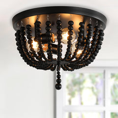 Bohemia Wood Beaded Chandelier, 3-Light Boho Light Fixture, 12.6inch Black Boho Chandelier Flush Mount Ceiling Light