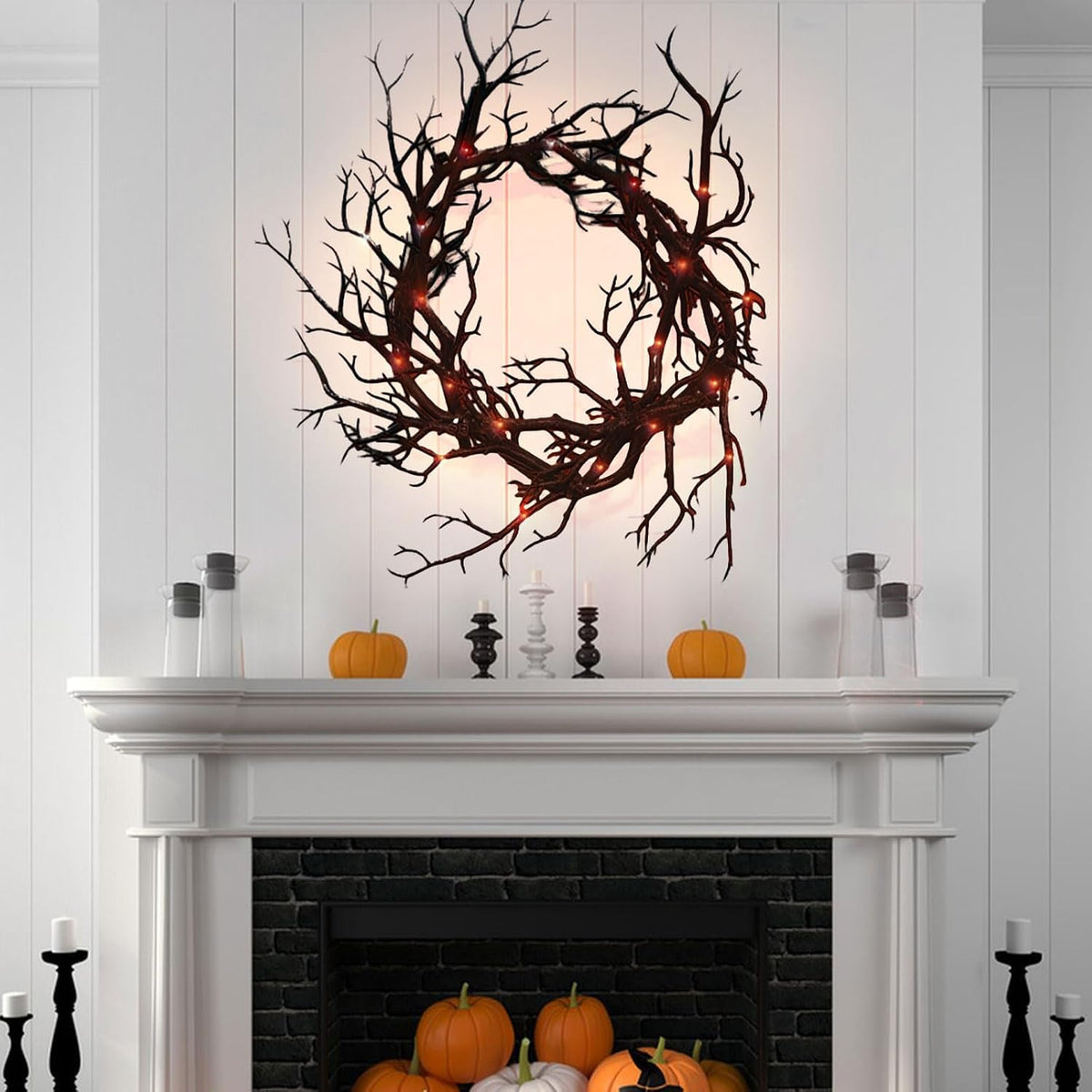 Spooky Halloween Wreath with Red Lights - Glitter Black Branch Handcrafted Decor for Front Door, Indoor/Outdoor Party