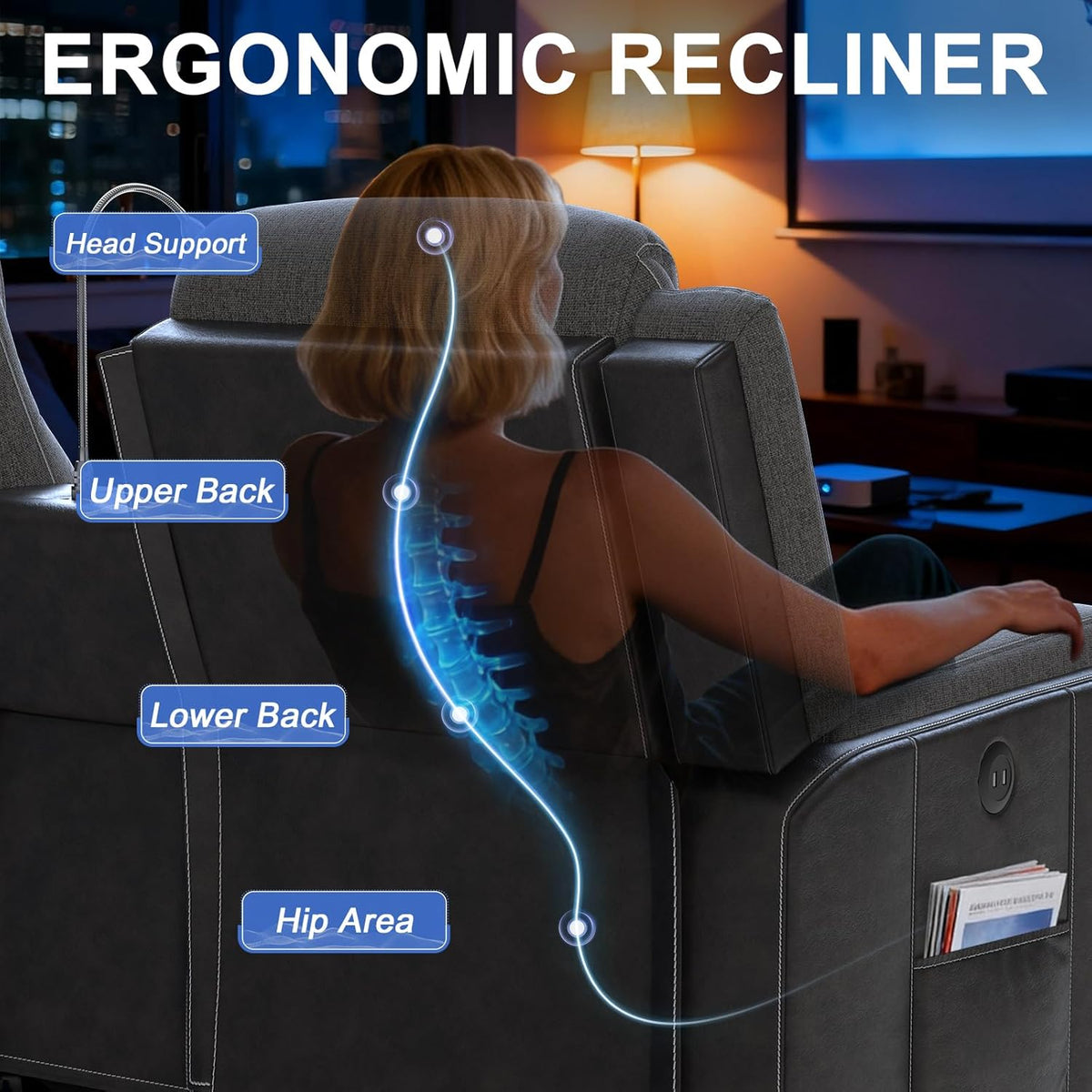 Manual Loveseat Recliner Sofa, Home Theater Seating with Touch Reading Light, Console with Cup Holders & Storage