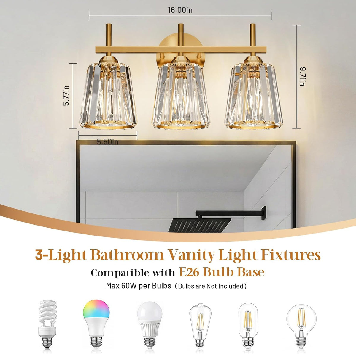 Crystal Bathroom Light Fixtures Over Mirror, Gold 3-Light Bathroom Vanity Lights Over Mirror Modern Wall Lighting