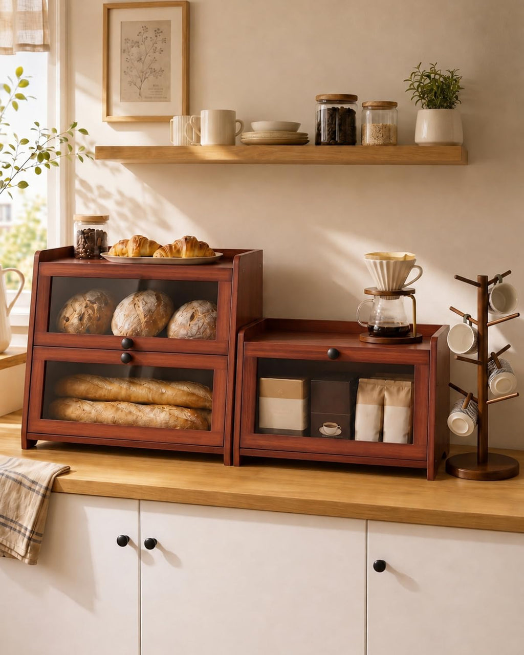 Bread Box - Countertop With Top Shelf For Fruit,1 Tier, Brown