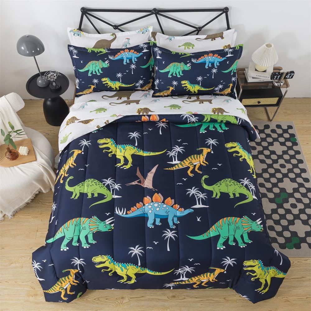 7 Pieces Dinosaur Comforter Kids Jungle Dinosaur Bedding Set Bed in A Bag for Boys T-Rex Dino Comforter and