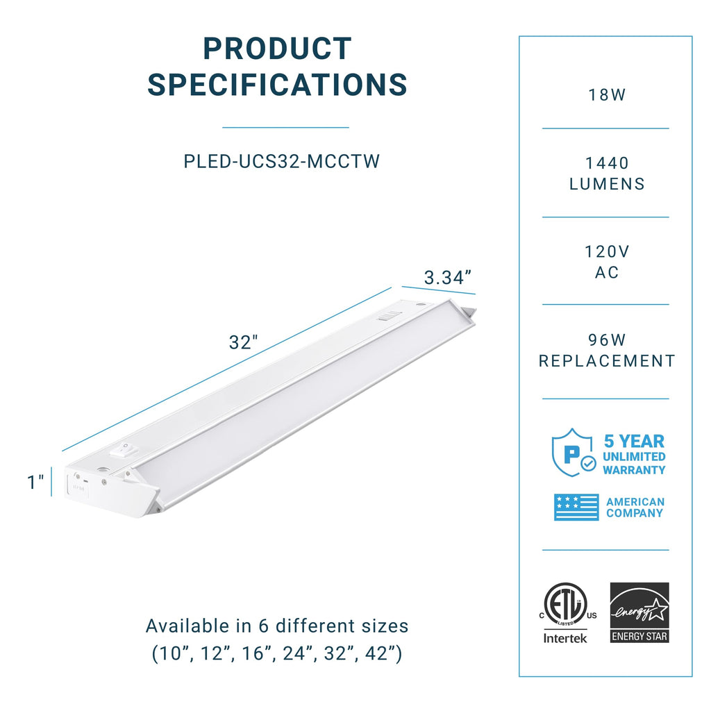 LED Swivel Under Cabinet Lighting, Hardwired or Plug-in Installation, 32 Inch, 18W, 5CCT Color Selectable