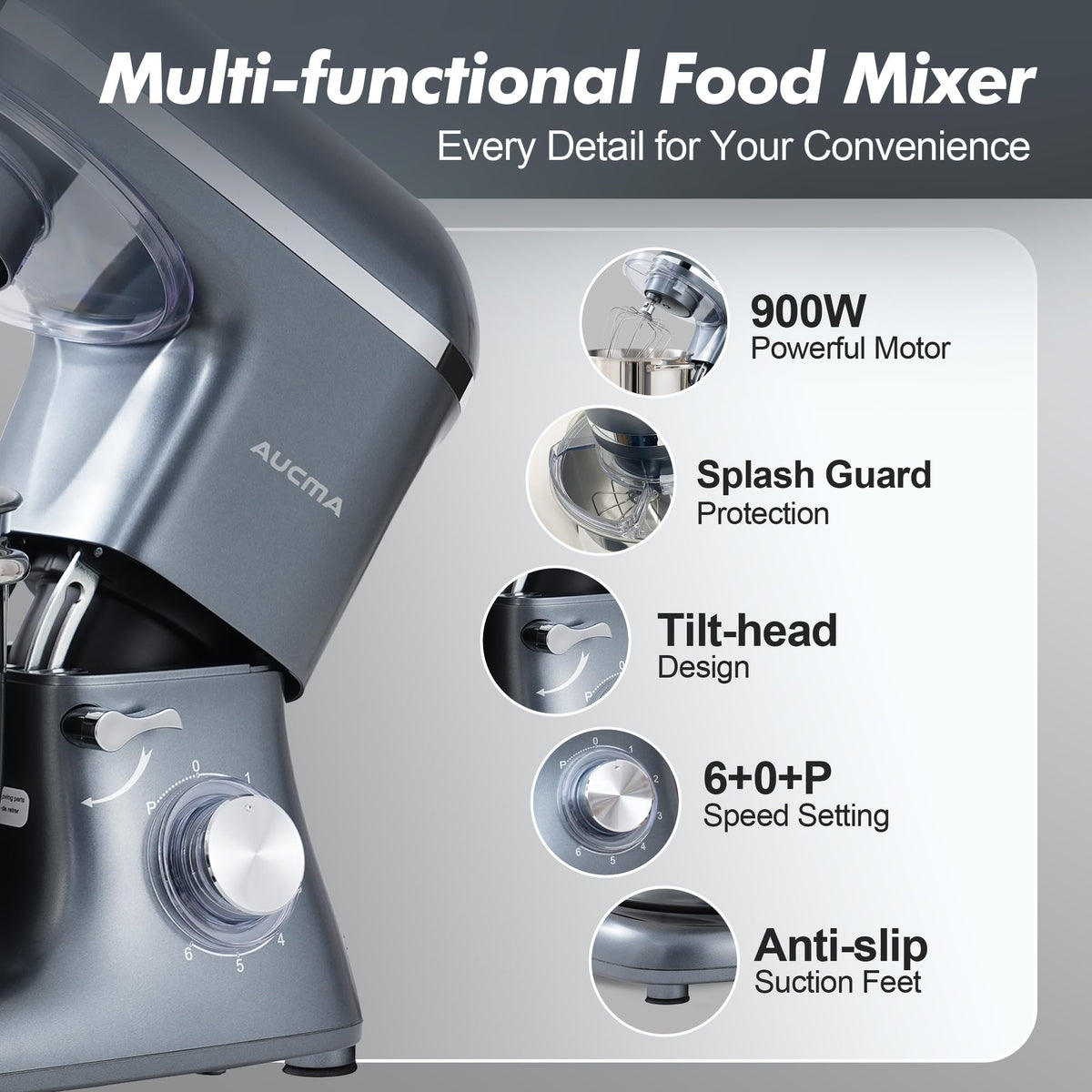 Stand Mixer,8QT 900W Tilt-Head Food Mixer, Kitchen Electric Mixer with Dough Hook, Wire Whip & Beater (Gray, 8QT)