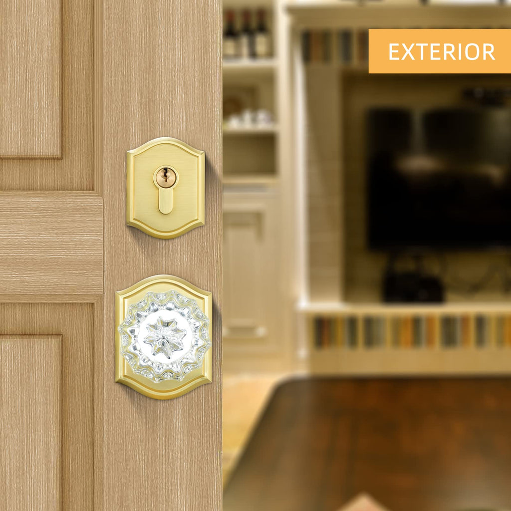 Crystal Glass Passage Door Knob and Single Cylinder Deadbolt Combo Set, Satin Brass Finish, Keyed Alike