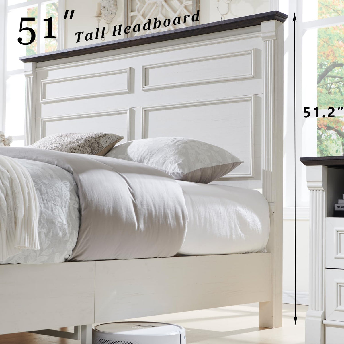 Farmhouse Bed Frame w/51 Tall Headboard, Antique White