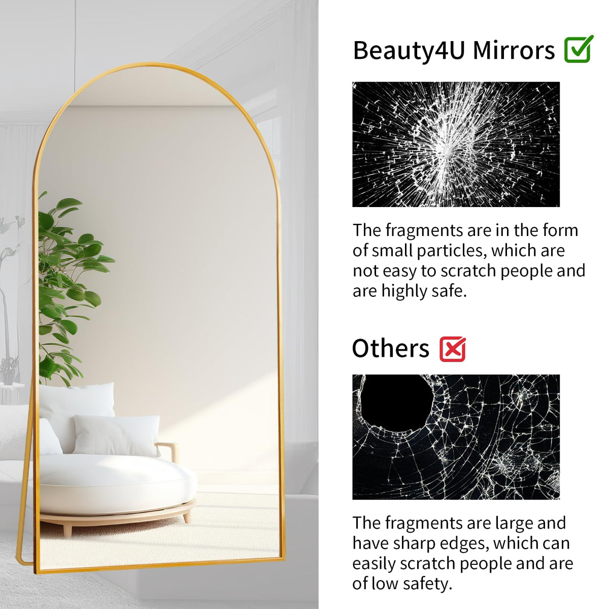 76" x 34" Arched Full Length Mirror with Stand, Gold Floor Mirror