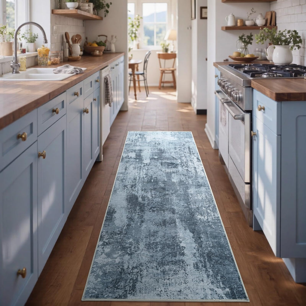 Abstract Washable Runner Area Rugs Blue
