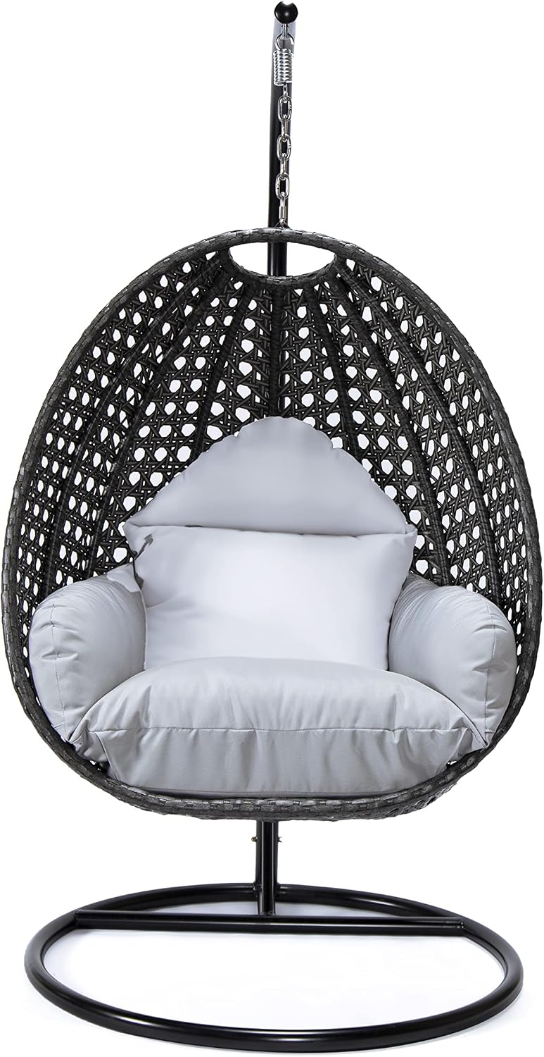 Charcoal Wicker Rattan Hanging Egg Swing Chair for Indoor Outdoor Bedroom Patio with Stand and Cushion (Light Grey)