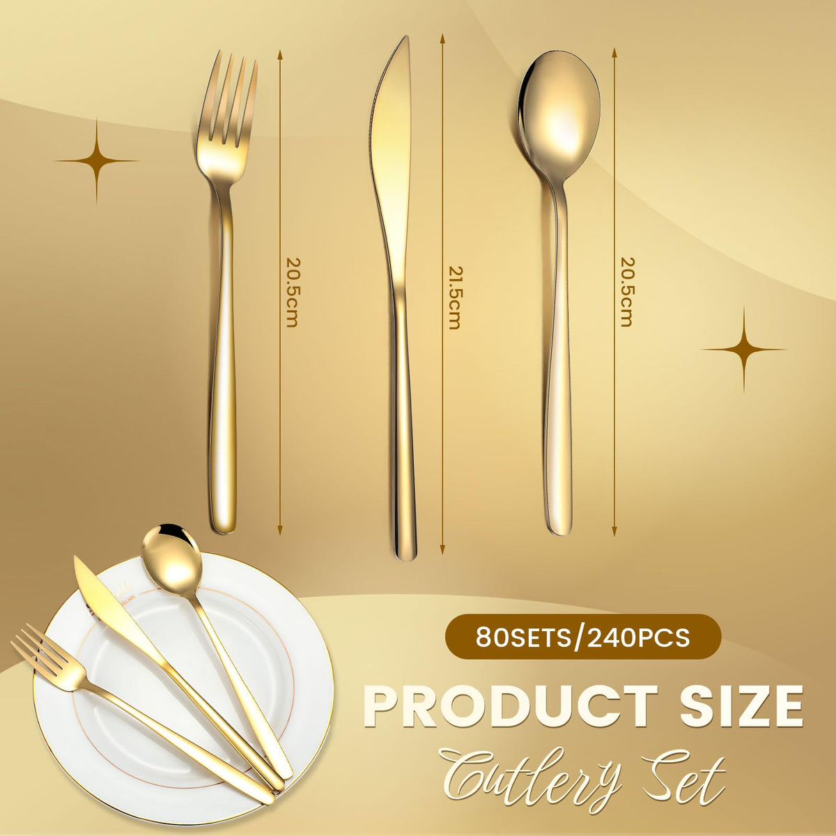 240 PCS Gold Silverware Bulk, Stainless Steel, Set for 80