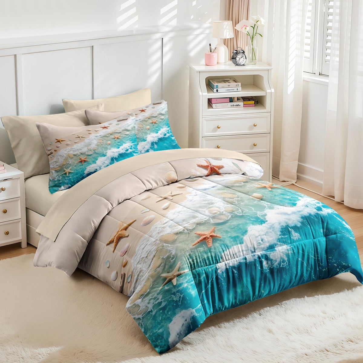 Comforter Set with Sheets, 5 Pieces Beach Starfish Bedding