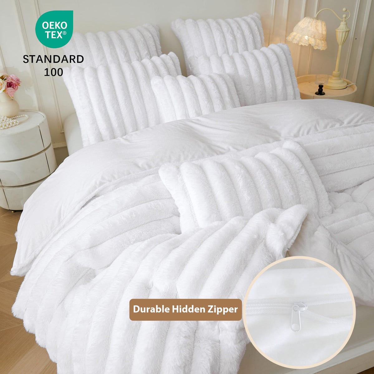 Fluffy Ribbed Faux Rabbit Fur Duvet Cover Set 2 PCS, White