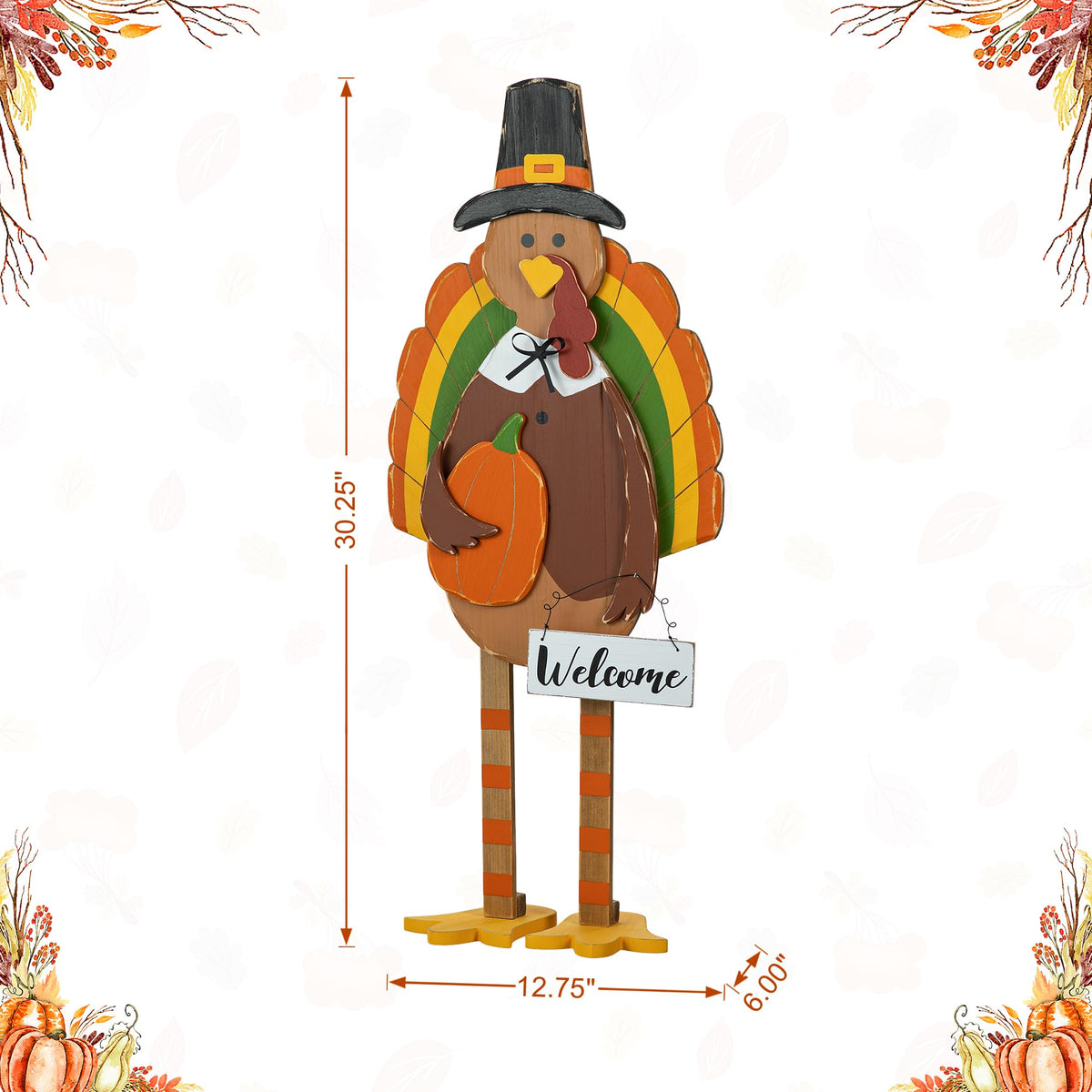30'H Thanksgiving Wood Turkey Porch Sign, Farmhouse Turkey Pumpkin Welcome Standing Decor for Fall Harvest, Rustic
