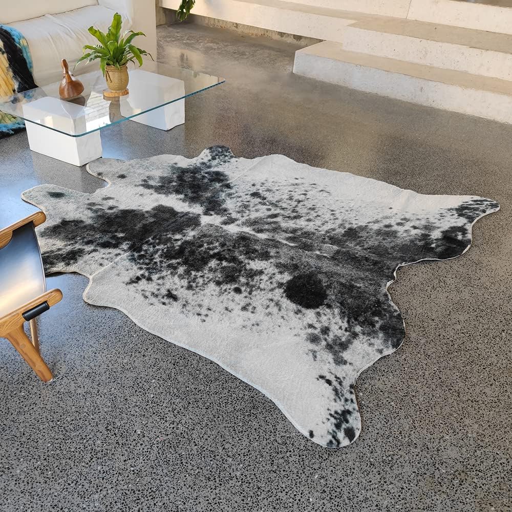 Faux Cowhide Rug 6.4 ft x 8 ft Black and White Cow Print Area Rug Faux Animal Skin Rug Bedroom Nursery