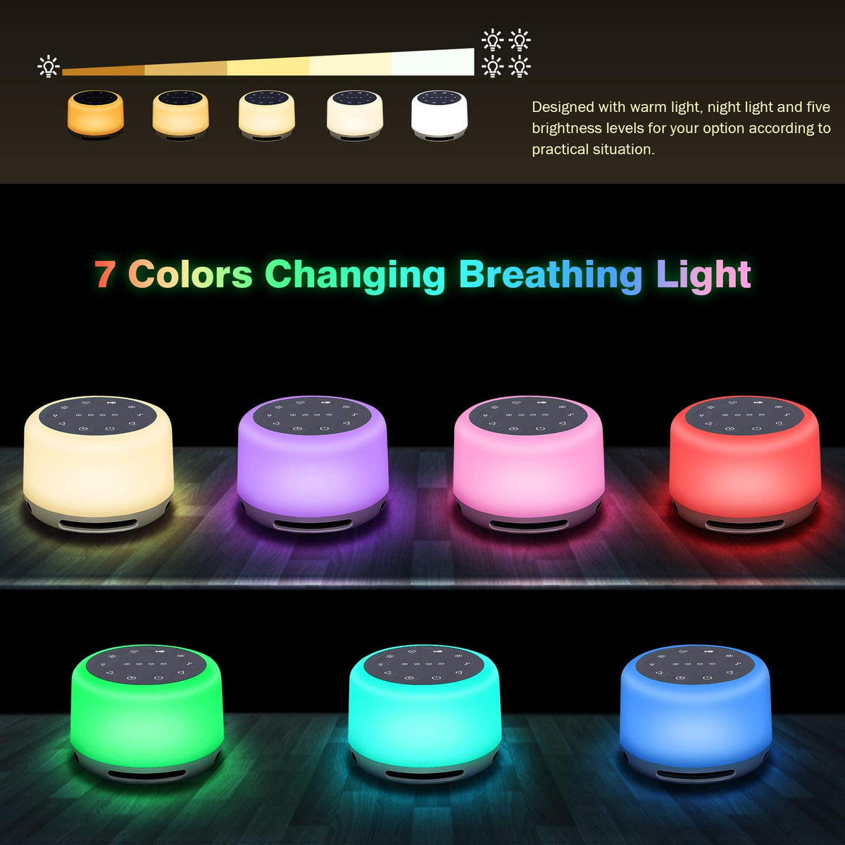 Sleep Sound Machine 24 Natural 7 Color Breathing Lights and Night Light with Timer Memory Feature Rechargeable