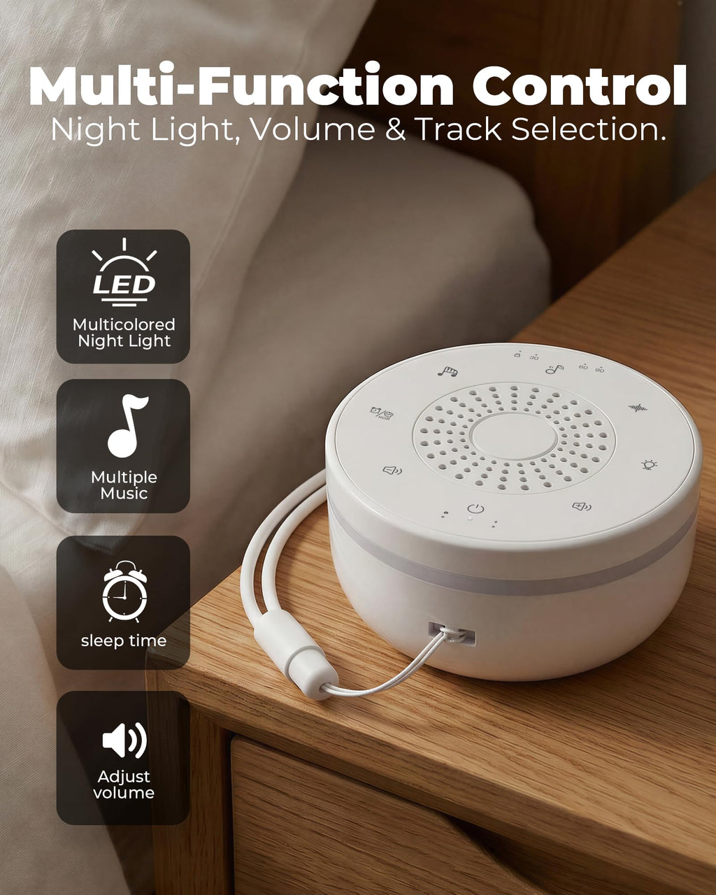 White Noise Sound Machine for Sleep, Portable White Noise Sound Machine with 30 Sounds, 3 Timers, Night Light, Memory