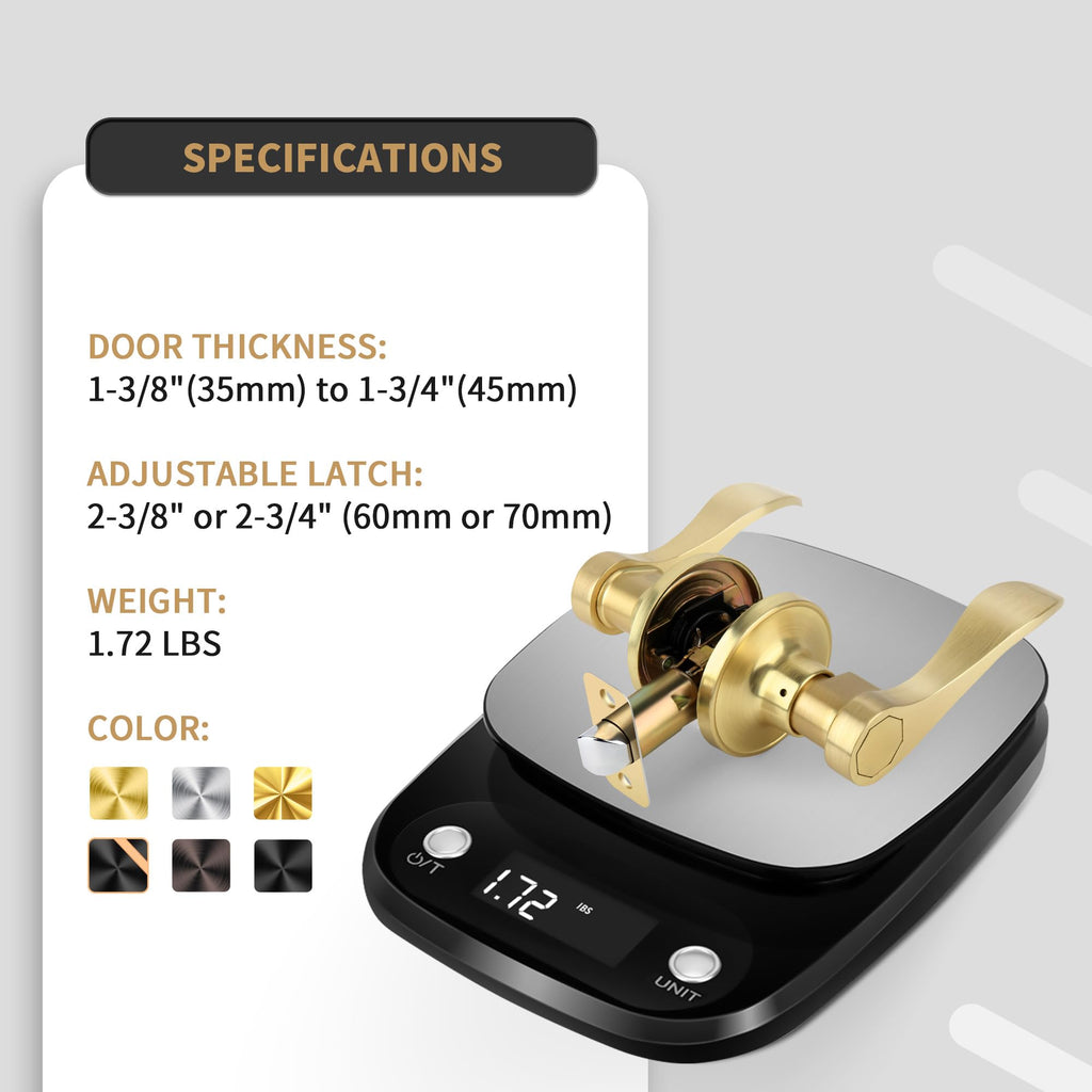 Brushed Gold Wave Style Passage Door Handle Without Keys, Non-Locking Door Lever /Closet in Satin Brass Finish, No