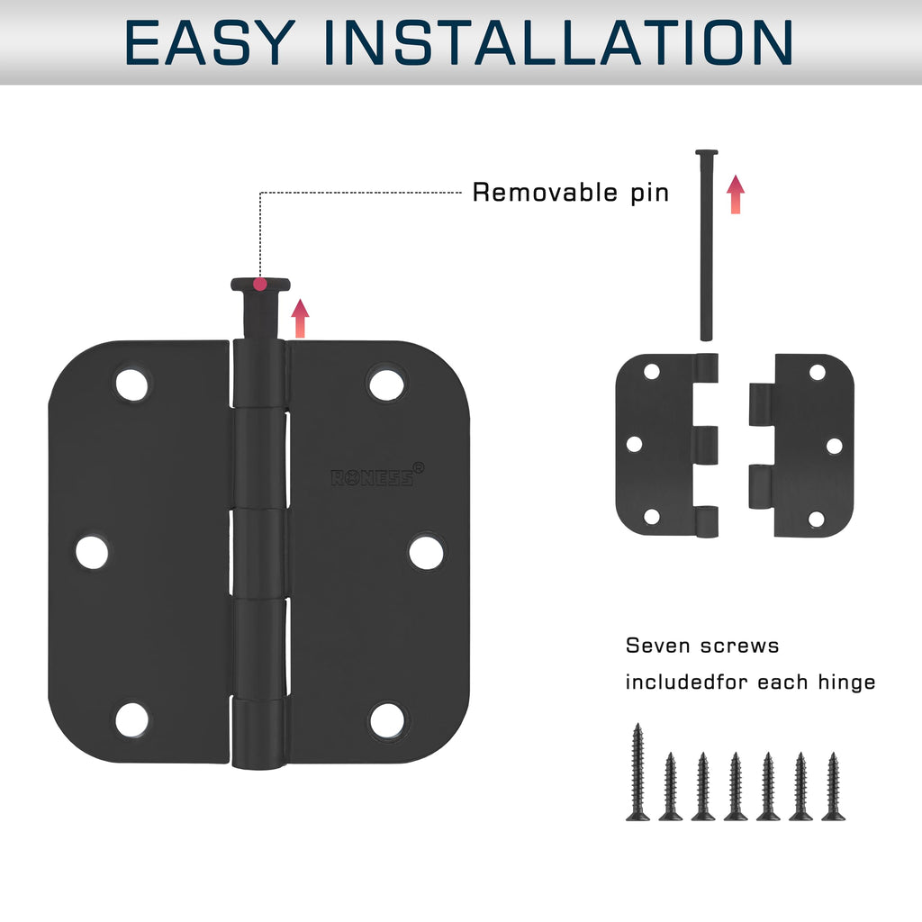 18 Pack Matte Black Door Hinges 3.5 Inch, 5/8" Radius Rounded, Standard Residential for Doors 3 1⁄2", Sturdy Hinges