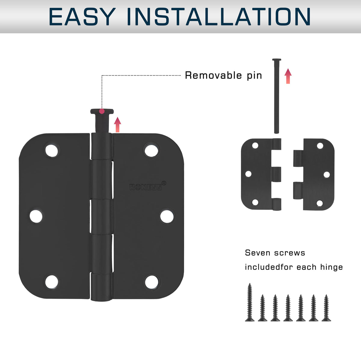 18 Pack Matte Black Door Hinges 3.5 Inch, 5/8" Radius Rounded, Standard Residential for Doors 3 1⁄2", Sturdy Hinges